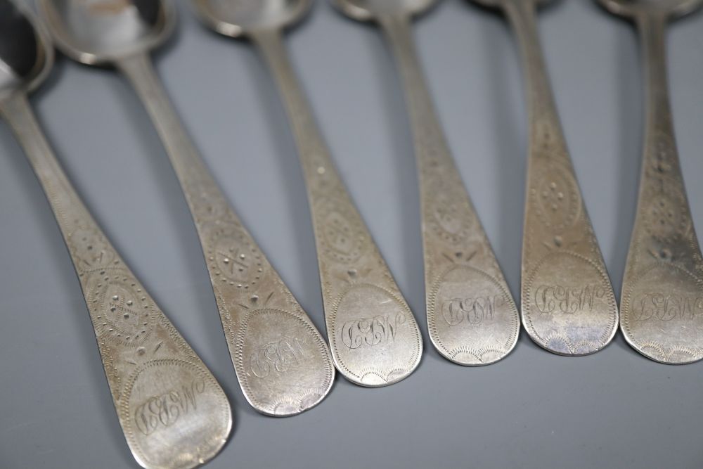 Channel Isles- A set of six late 19th/early 20th century Jersey engraved silver teaspoons, by Jacques Quesnal, 13.6cm,